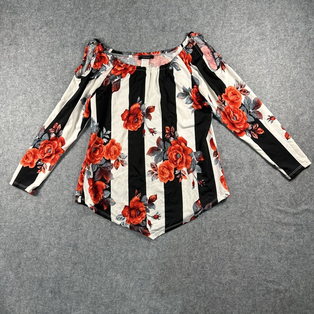 First Love Cold Shoulder Top Large Black White Red Floral‎ Stripe Pointed Hem